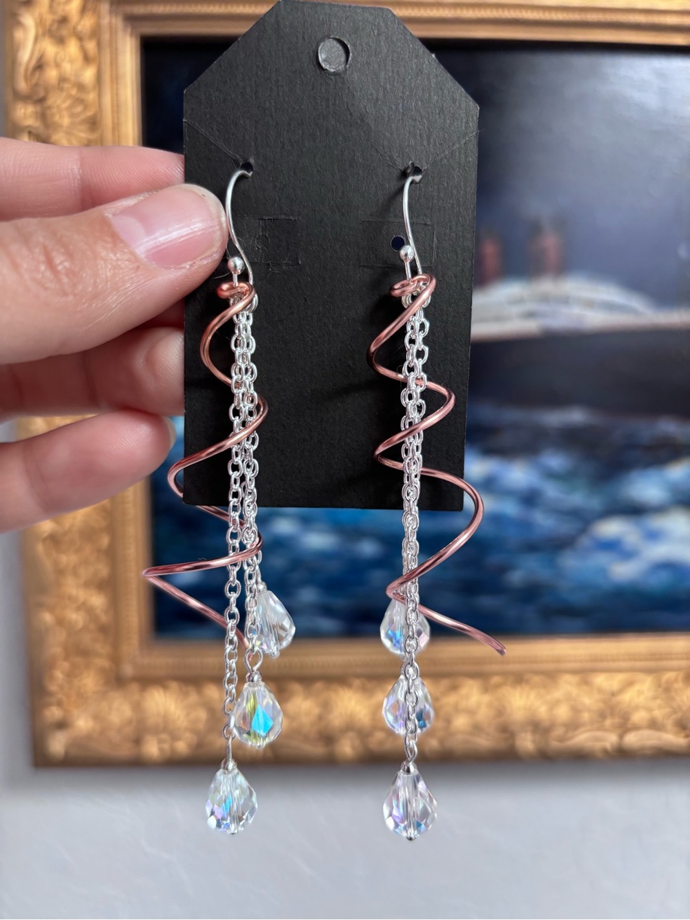 Spiral Drop Earrings with chain Accent and AB Crystal Teardrops